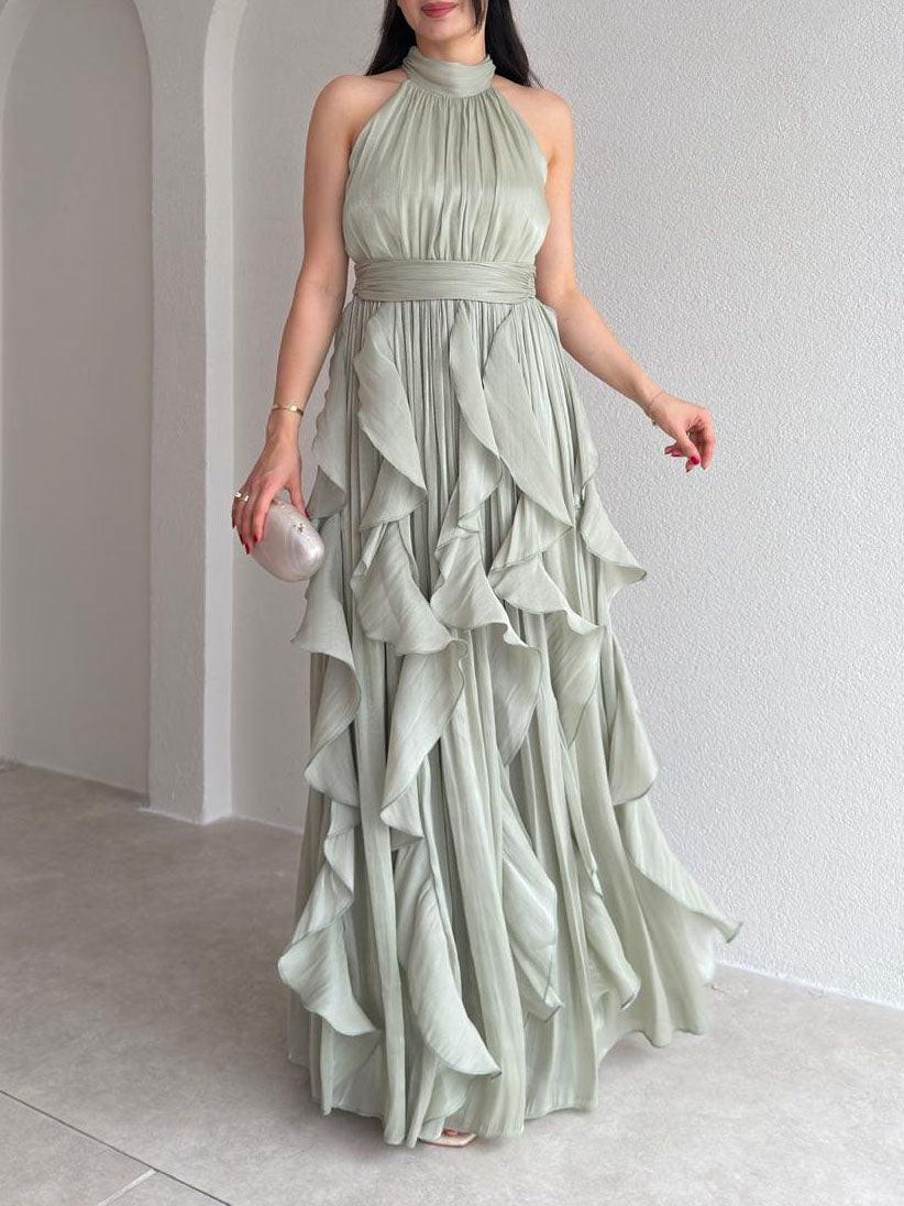 Elegant Backless Ruched Tiered Ruffle Maxi Dress Green
