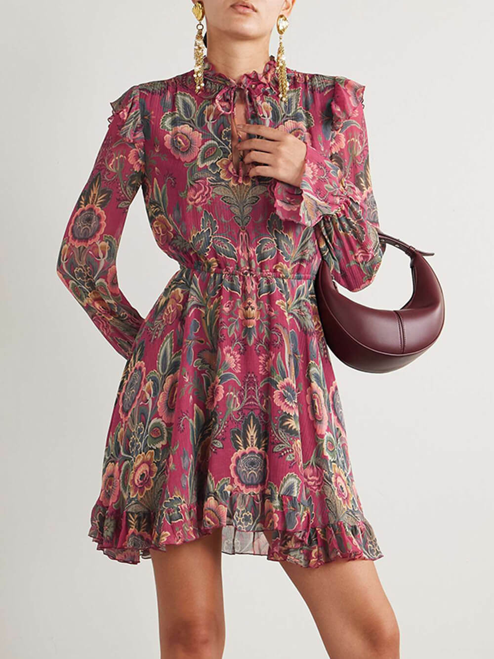 Boho Ruffle Trim Printed Crinkled Mini Dress Burgundy