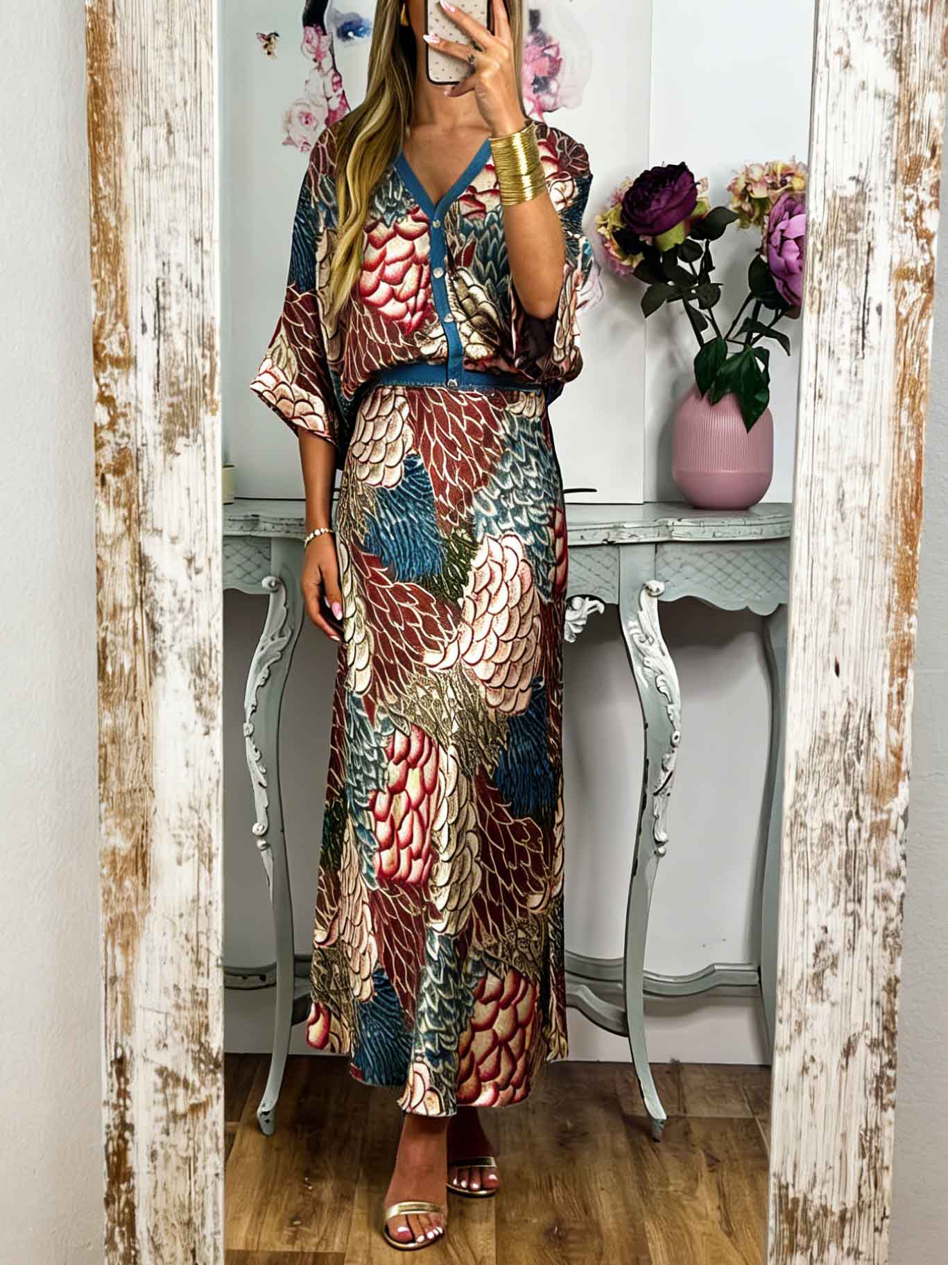 Elegant Vintage Satin Floral Print Loose Shirt