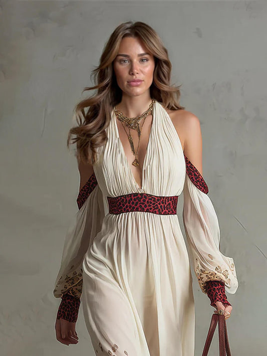 Exquisite Vacation-style Leopard Print Chiffon Off-The-Shoulder Maxi Dress
