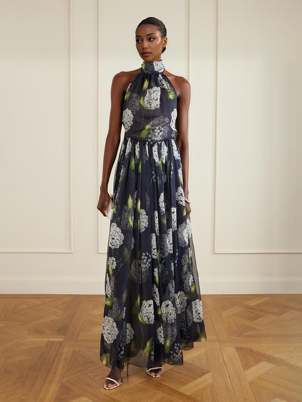 Fashionable Backless Printed Pleated Chiffon Maxi Dress Navy Blue