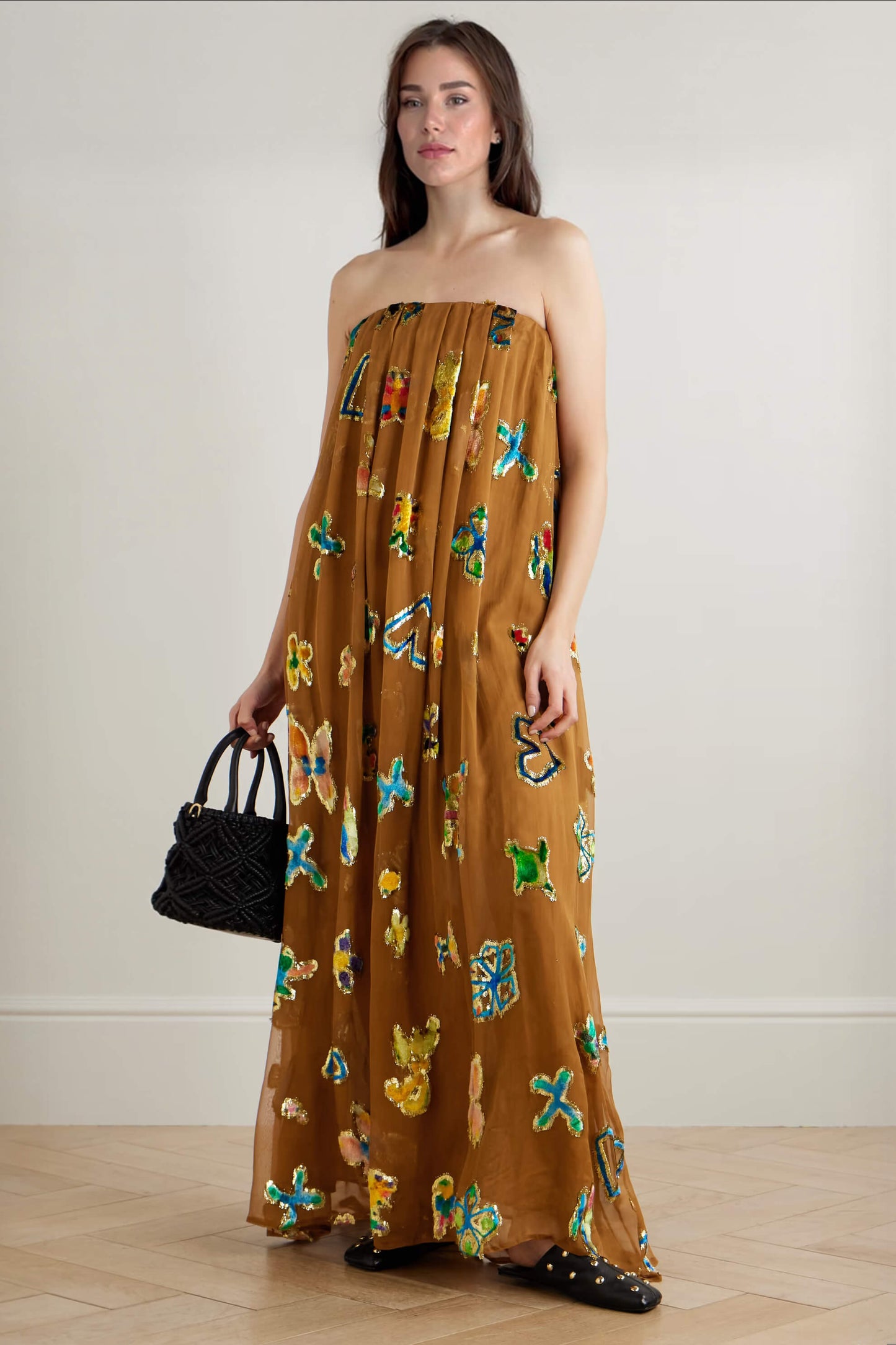 Retro-Inspired Unique Strapless Printed Ruched Maxi Dress Brown
