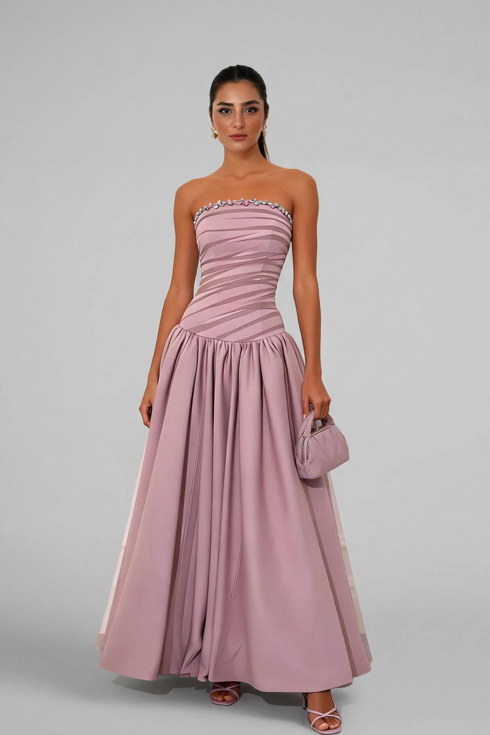 Exquisite Rhinestones Mesh Satin Strapless Sleeveless A-Line Maxi Dress Light Purple