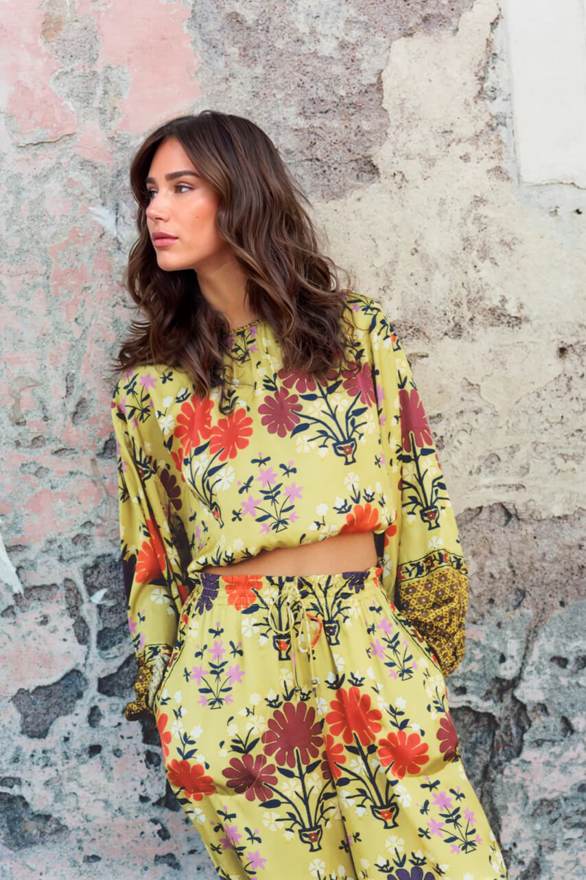 Unique Floral Print Crop Top Yellow
