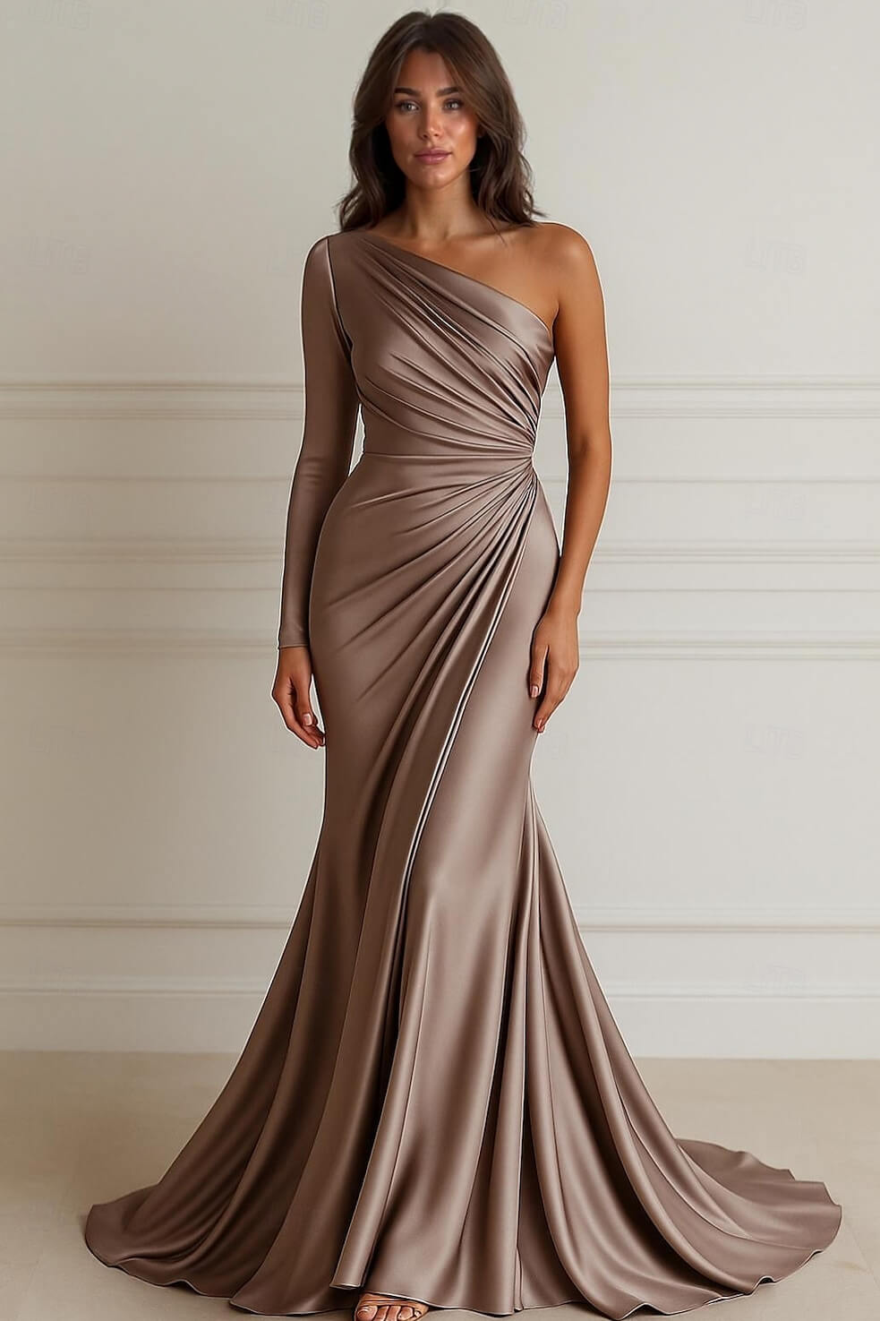 Elegant One-Shoulder Satin Pleated Mermaid Trumpet Formal Maxi Dress Dusty Rose