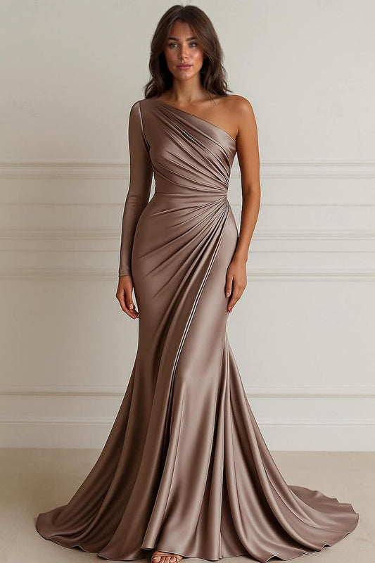 Elegant One-Shoulder Satin Pleated Mermaid Trumpet Formal Maxi Dress Dusty Rose