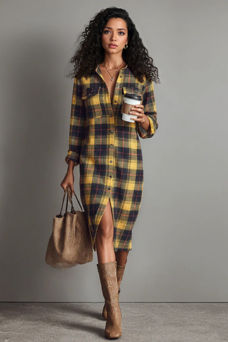 Retro Plaid Print Long Sleeve Shirt Midi Dress Yellow