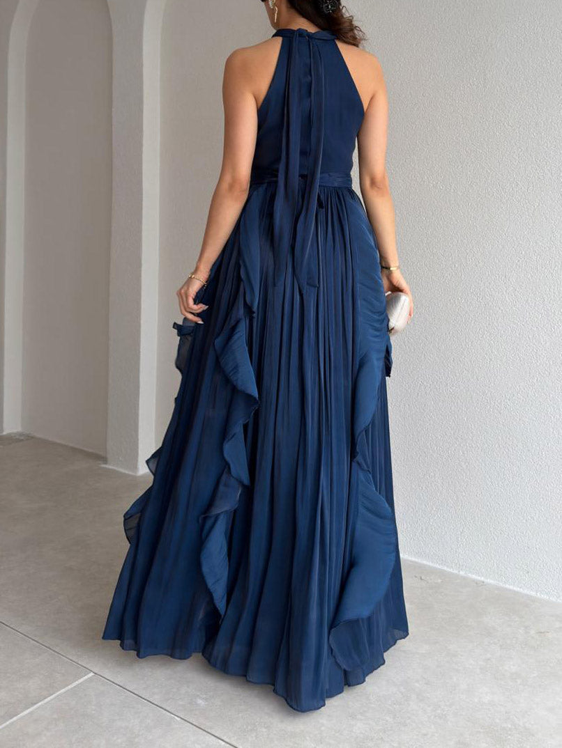 Elegant Backless Ruched Tiered Ruffle Maxi Dress