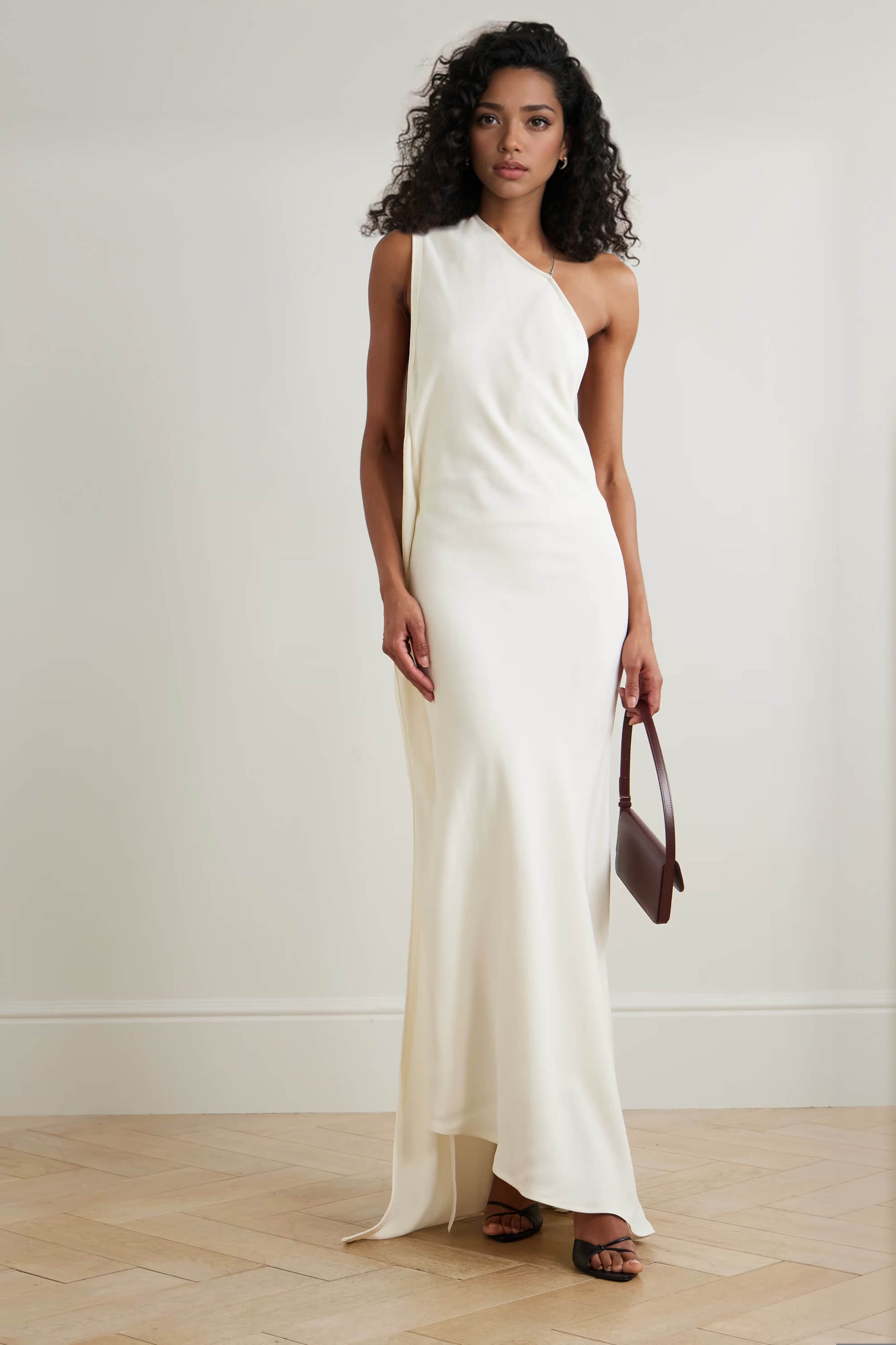 Elegant One-Shoulder Backless Embellished Draped Maxi Dress Ivory