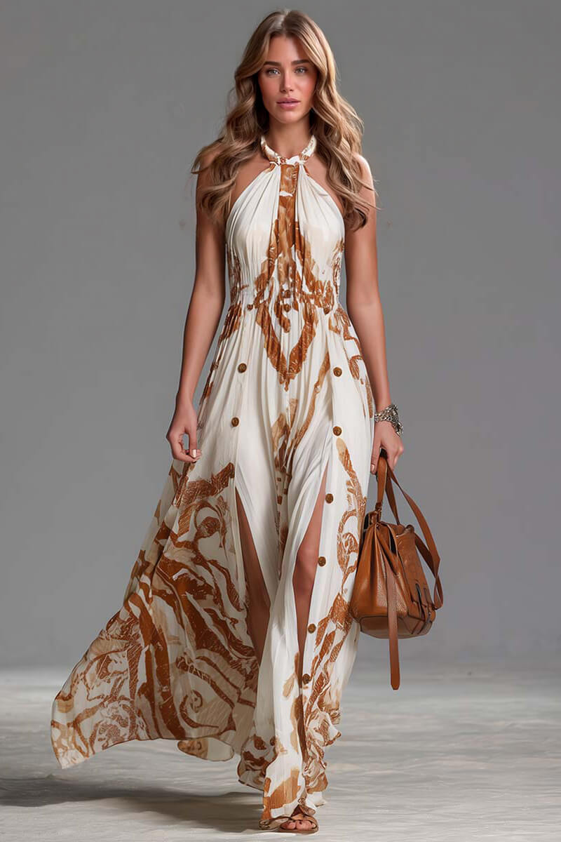Retro Bohemian Style Backless Printed Chiffon Slit Maxi Dress Off White