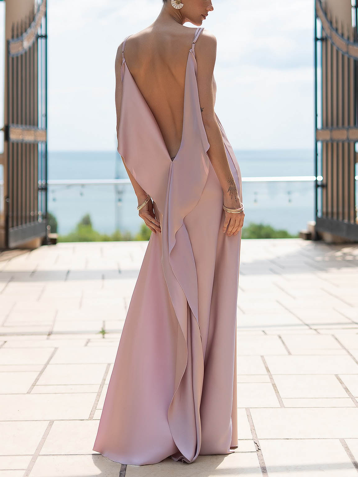 Sexy Elegant Satin Side High Slit Maxi Dress Pink