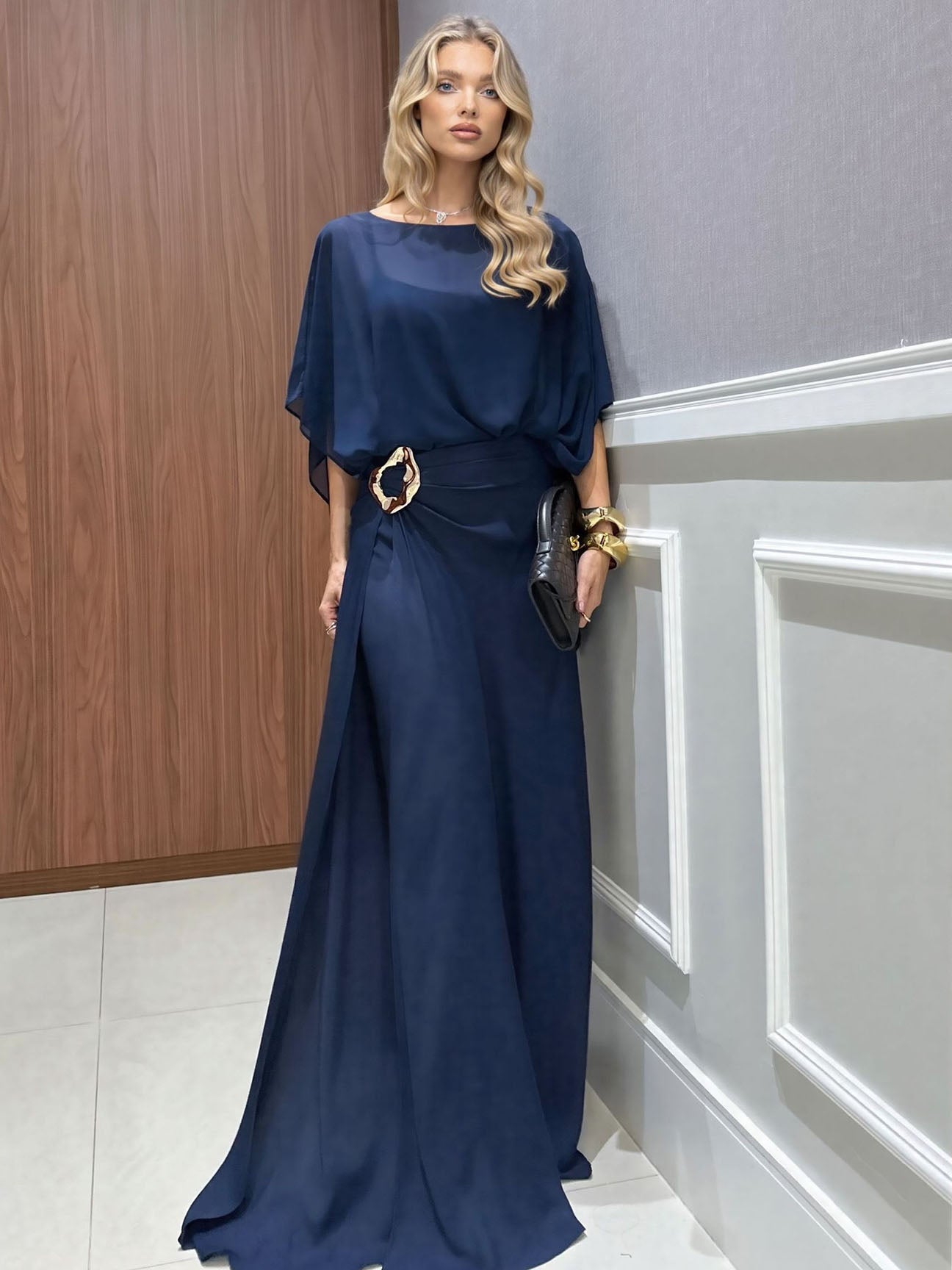Elegant Chiffon Cape Top & Wide-Leg Pants Two-Piece Set Dark Blue