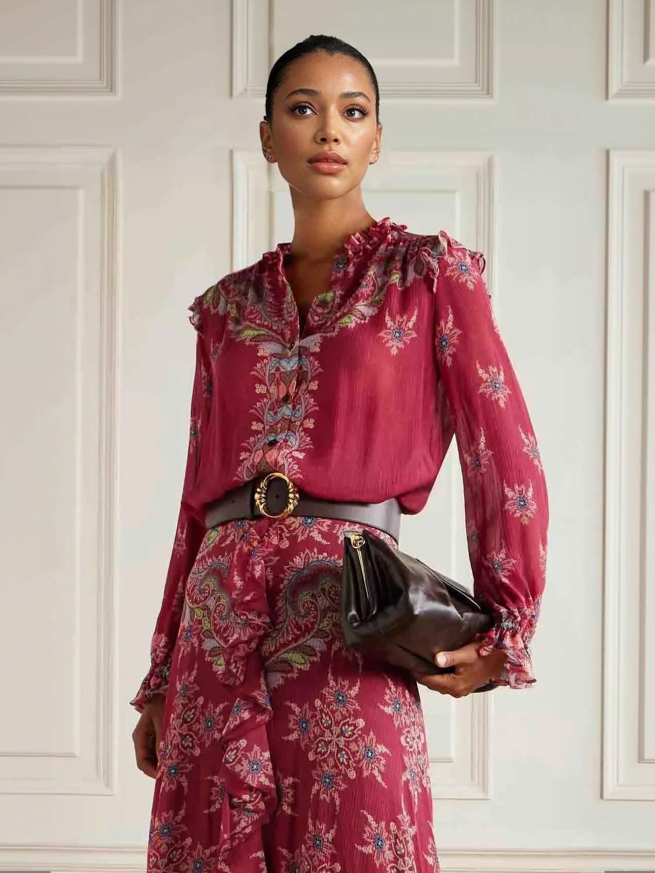 Exquisite Bohemian Ruffled Printed Chiffon Shirt Red