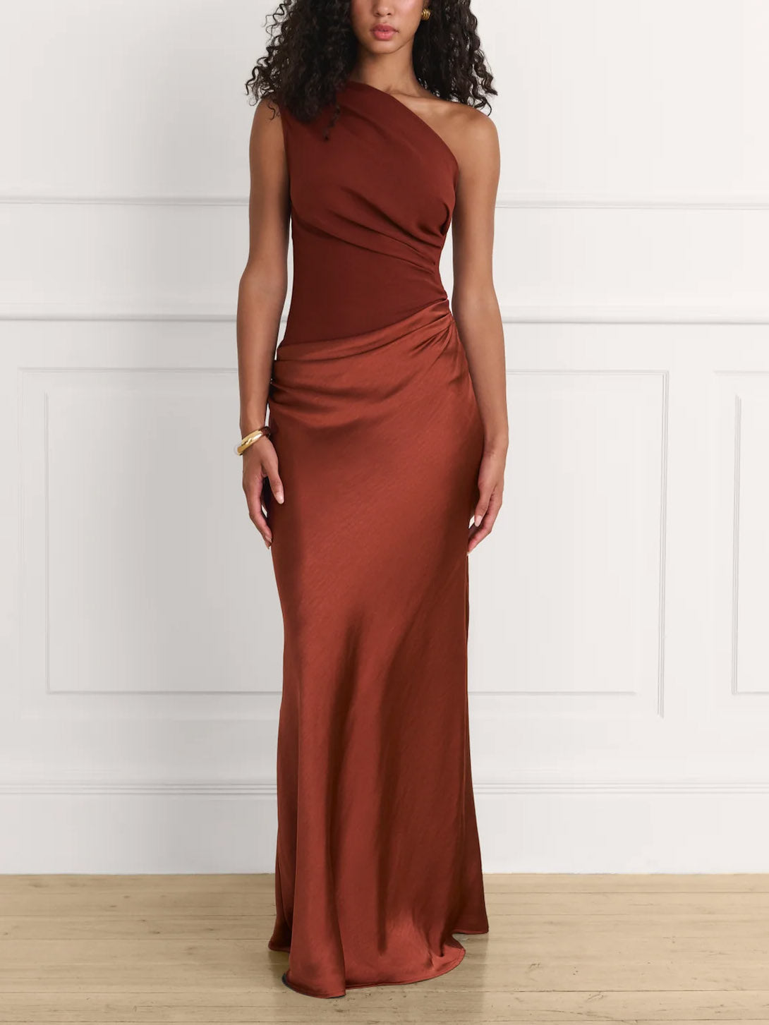Elegant One Shoulder Neck Pleated Party Maxi Dress Deep Red