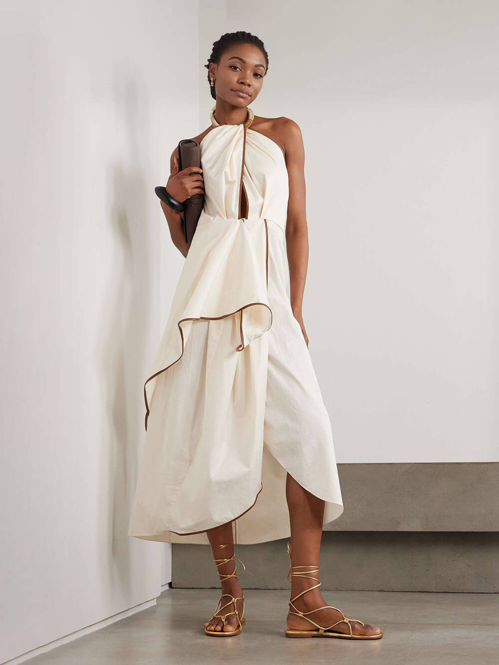 Unique Leather Trimmed Asymmetrical Backless Midi Dress Beige