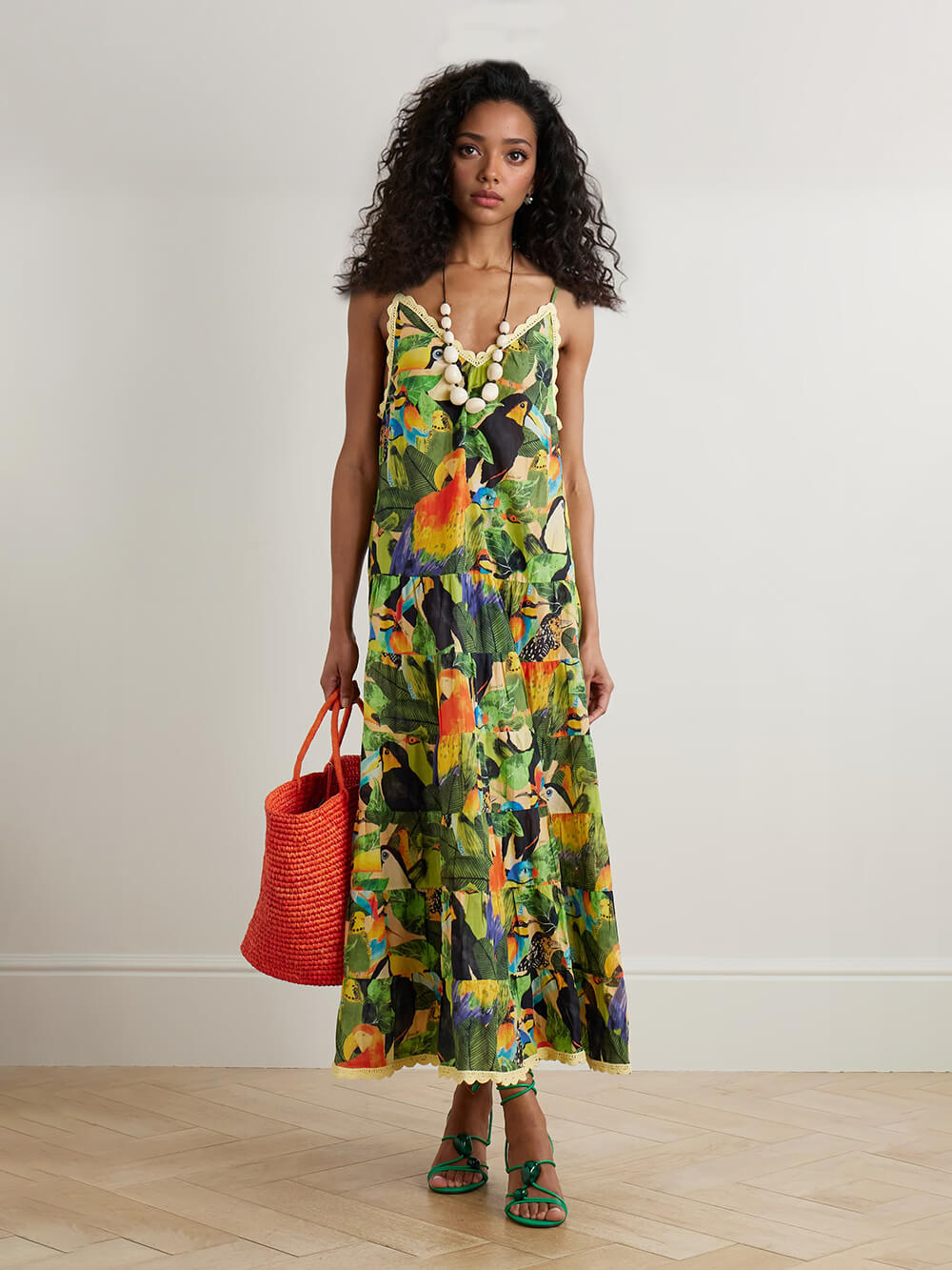 Retro Unique Bird and Leaf Pattern Print Lace Trim Maxi Dress Green
