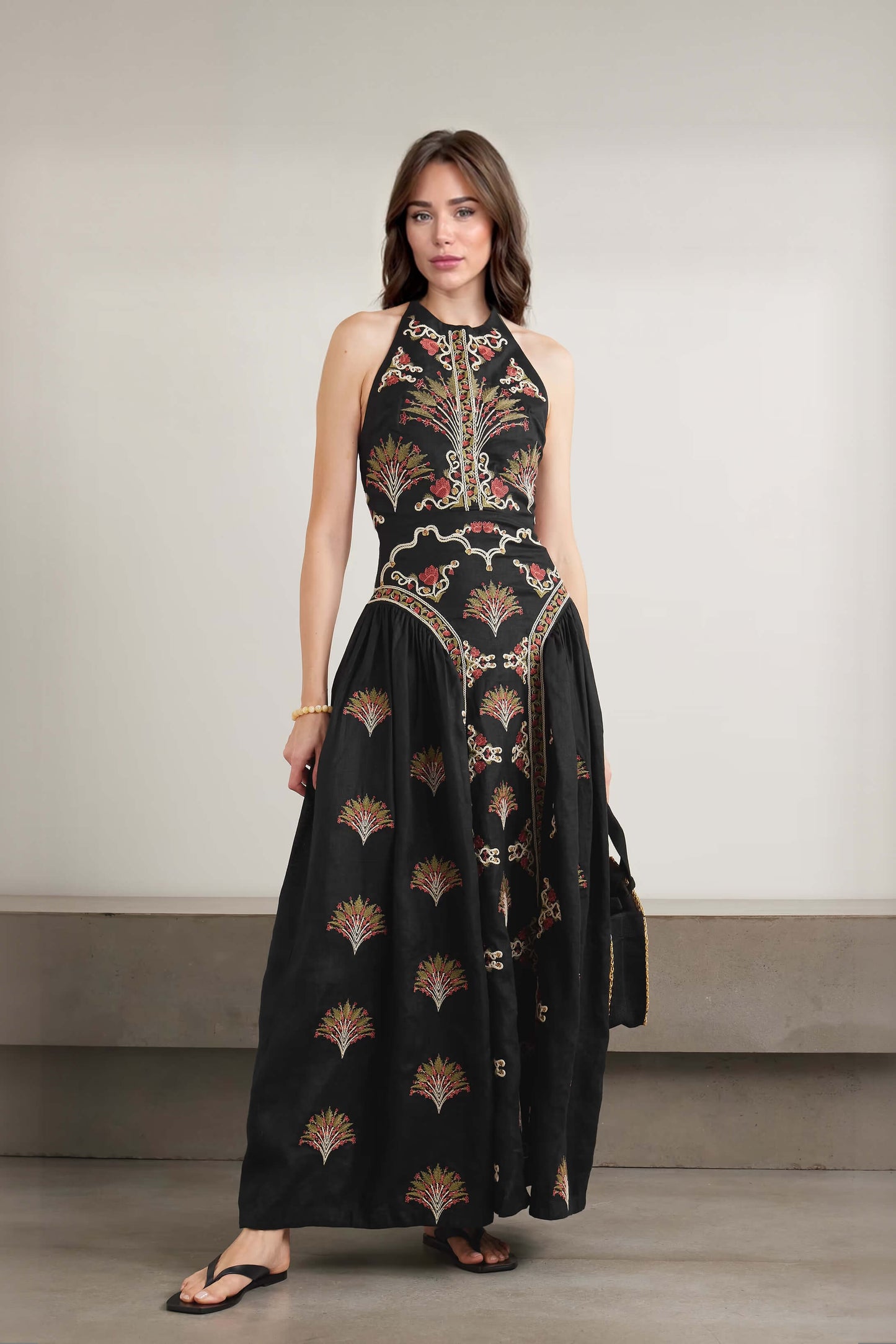 Retro Pleated Print Linen Backless Maxi Dress Black