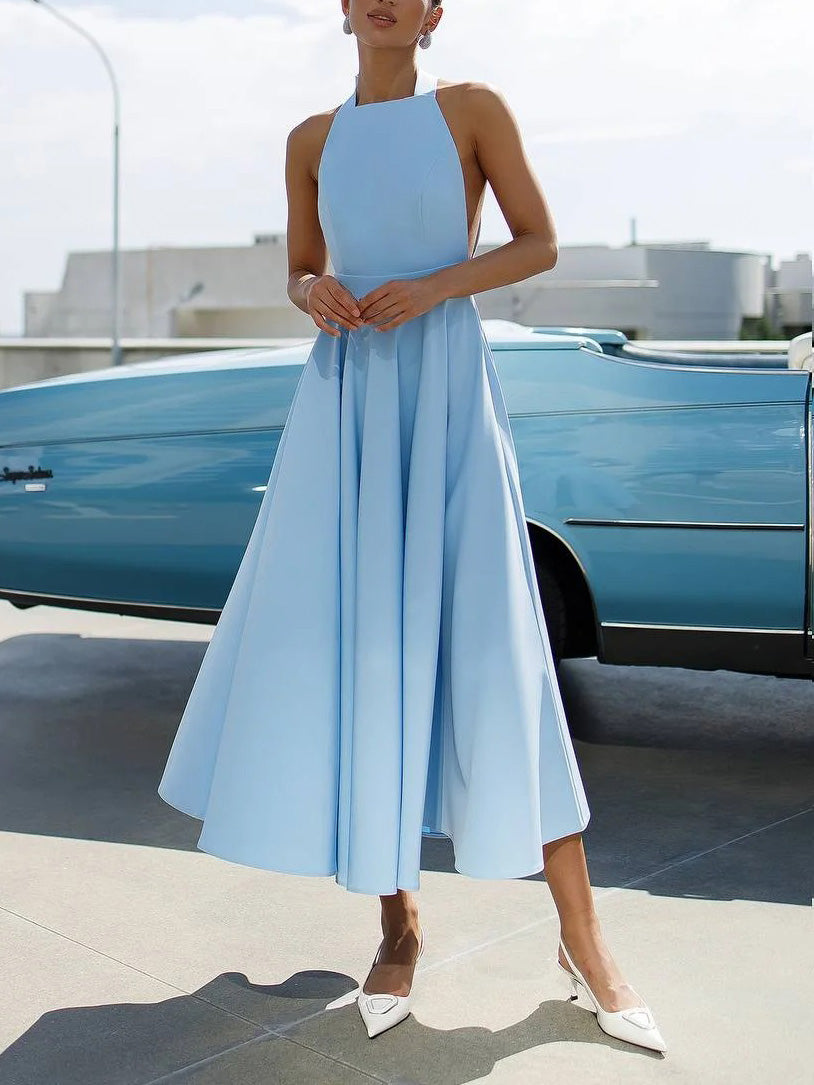 Elegant Halter Neck A-Line Midi Dress Blue