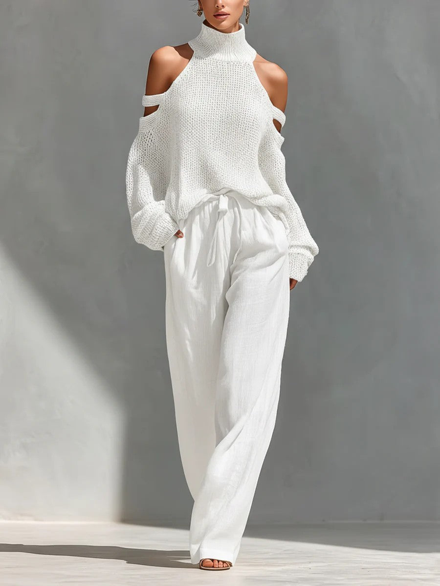 Casual Open-shoulder Knitted Top Wide-leg Pants Two-piece Set White