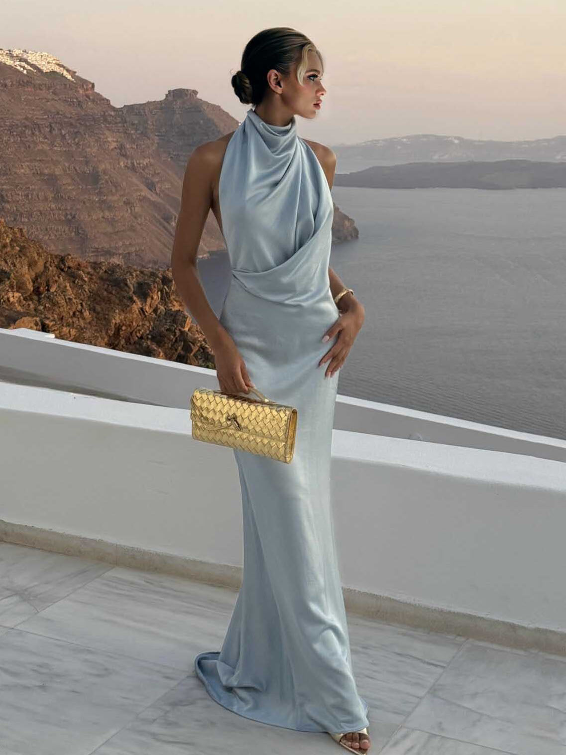 Elegant Blue Draped Neckline Satin Maxi Dress Blue