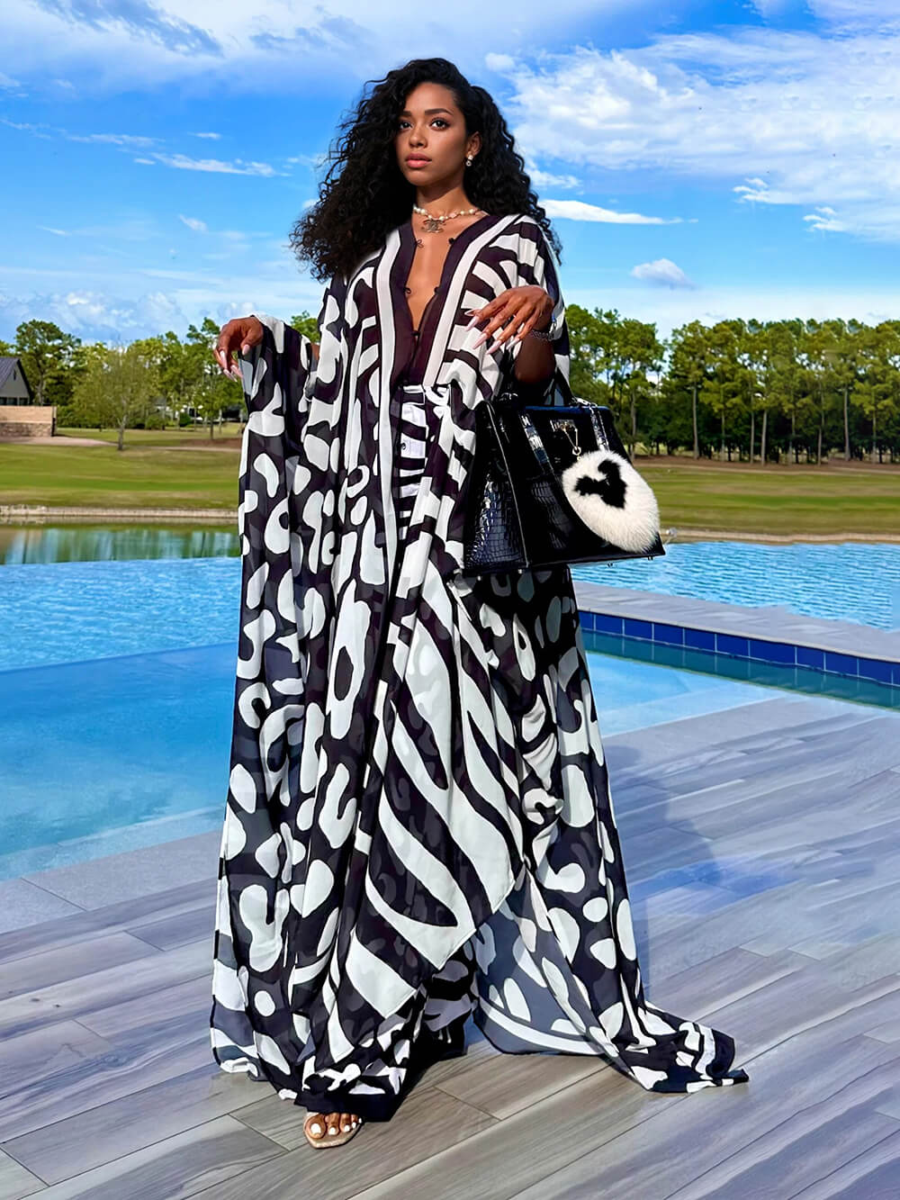 Casual Mottled Print Relaxed Kimono Maxi Dress BlackV