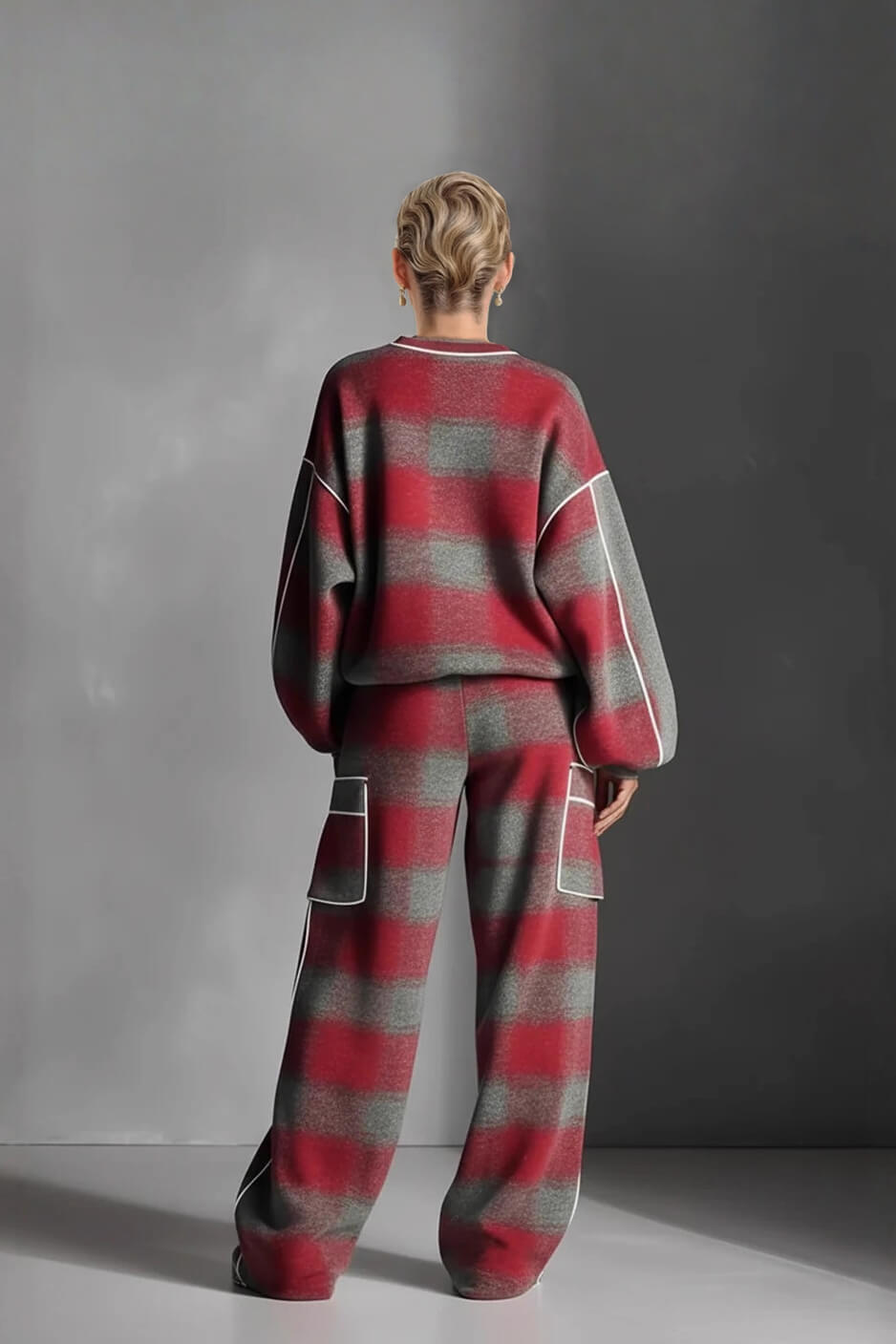 Fashion Street-Style Red And Gray Plaid Color-Block Loose Top and Wide-Leg Pants Set