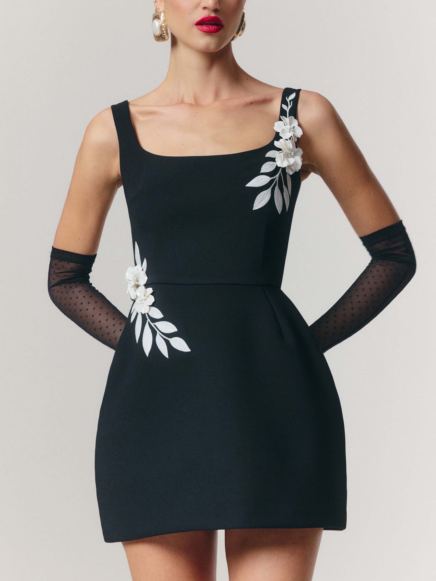 Elegant Floral Applique Sleeveless Mini Dress Black