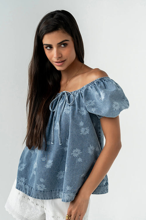 Consistently Confident Short Sleeve Print Denim Top