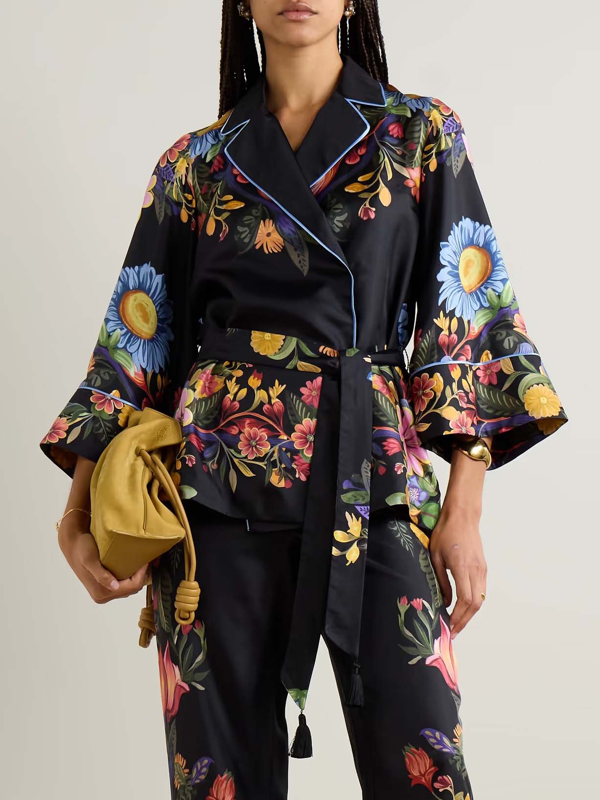 Exquisite Satin Floral Print Contrast Piping Wrap Lace-Up Shirt Black