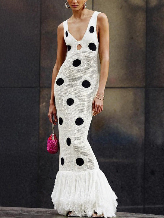 Exquisite Crochet Polka Dot Tassel Maxi Dress White