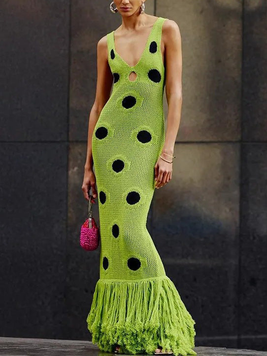 Exquisite Crochet Polka Dot Tassel Maxi Dress Green