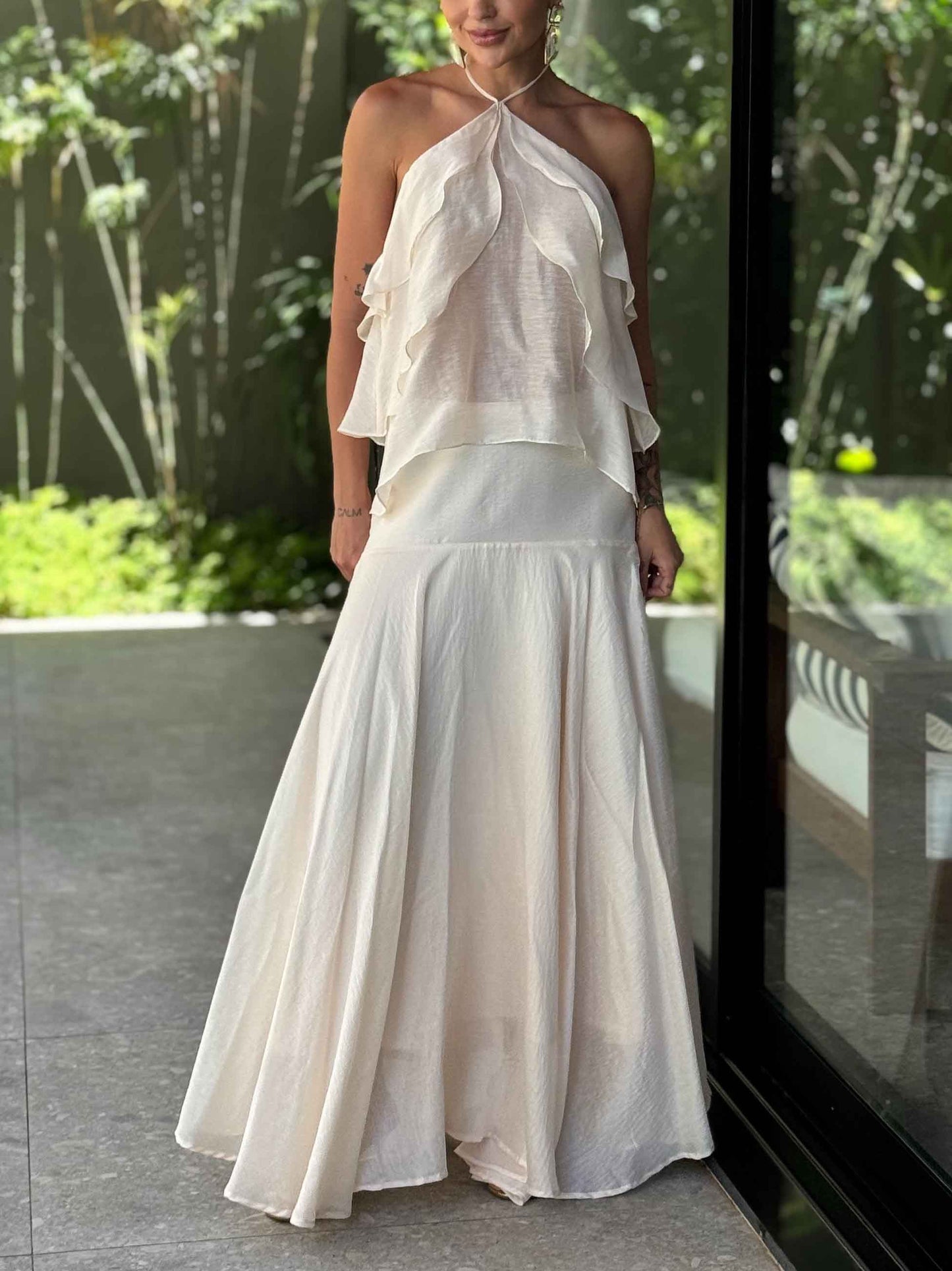 Elegant Halter Ruffle Top & Flowing Maxi Skirt Two-Piece Set White