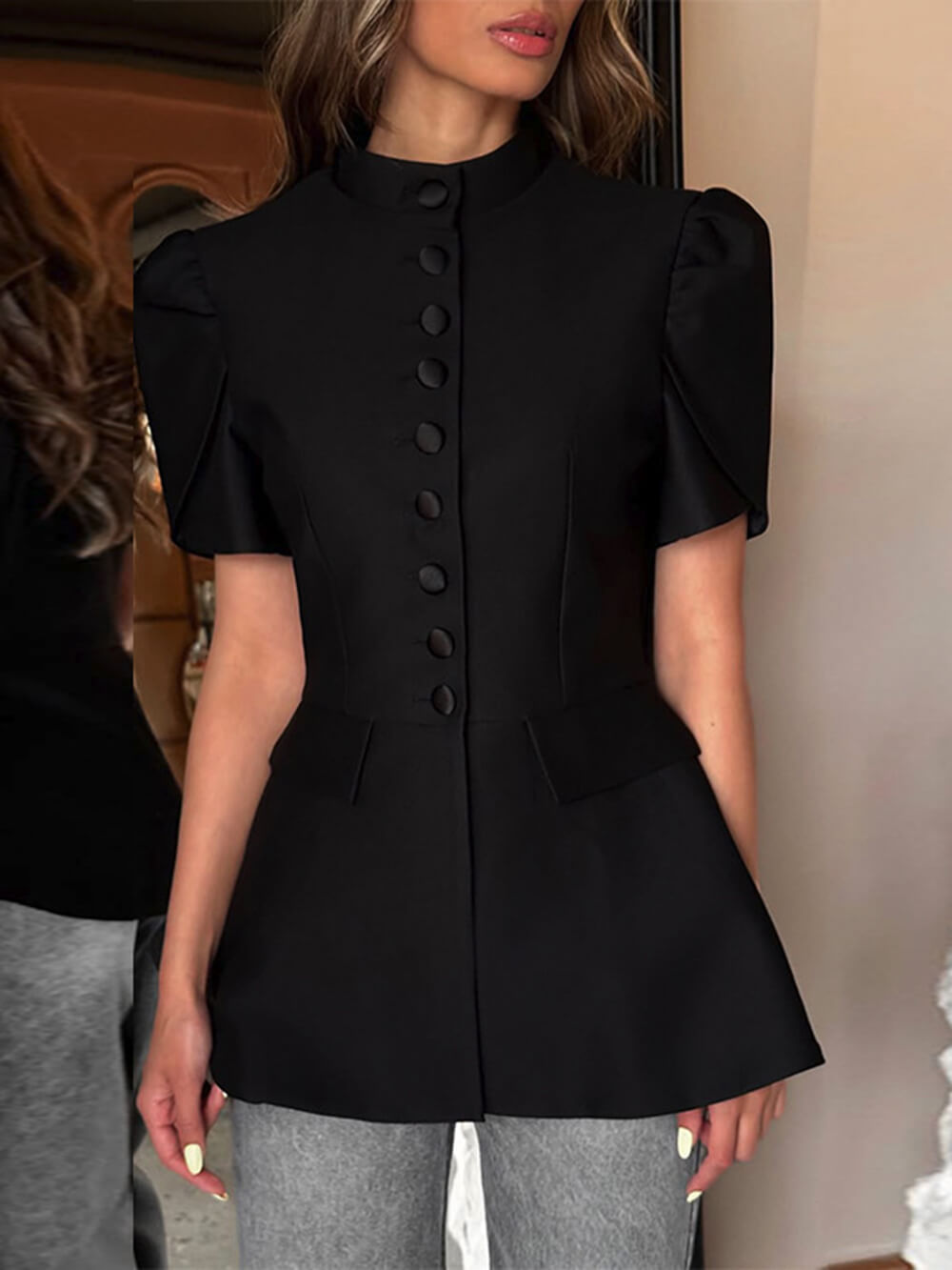 Sweet Stand Collar Single-Button High-Waist Top Black