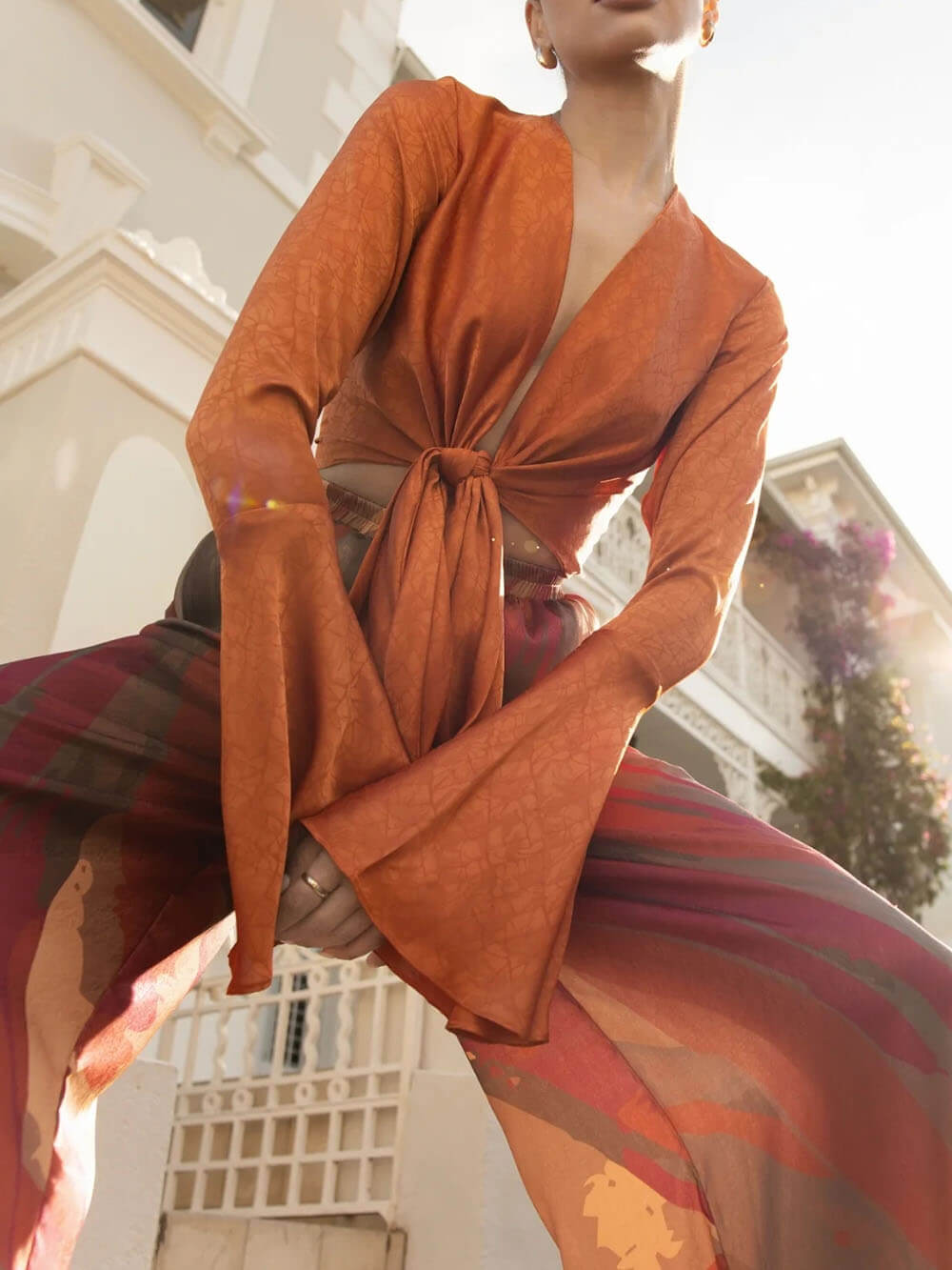 Casual Bell-Sleeve Tie-Up Top with Colorful Print High-Waisted Wide-Leg Pants Set
