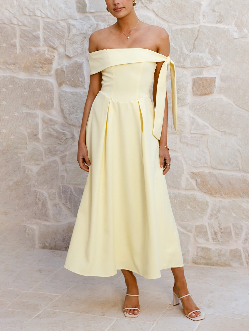 Elegant Off-Shoulder Tie Ruched Midi Dress Yellow