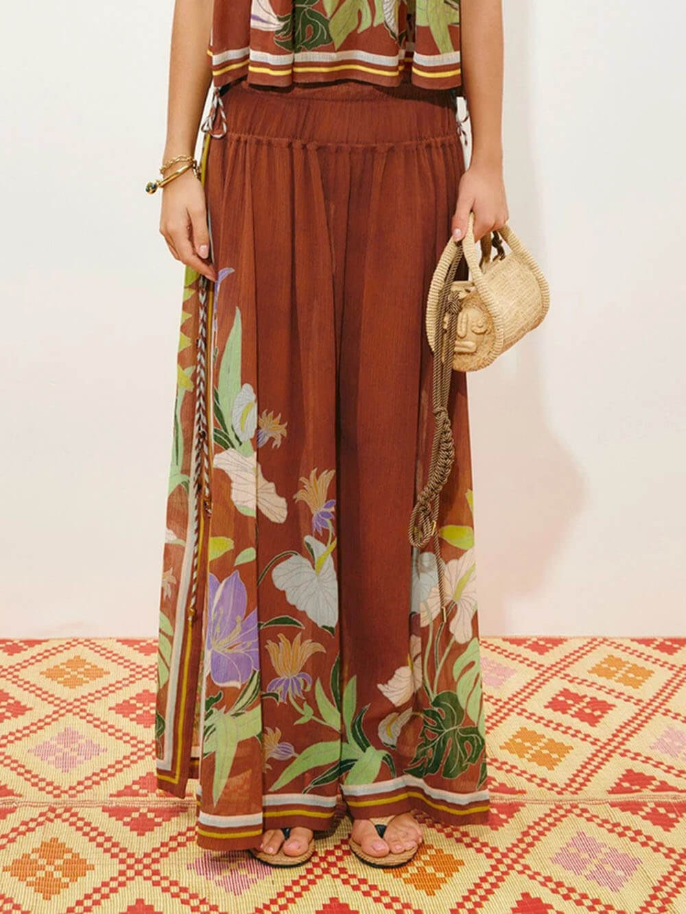 Delicate Ruffle Printed Drawstring Slit Wide-Leg Pants Brown