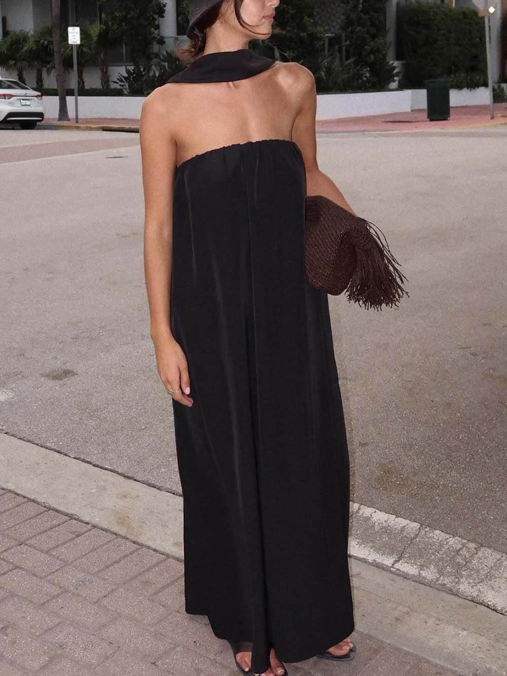 Delicate Satin Strapless Tie-Halter Maxi Dress Black