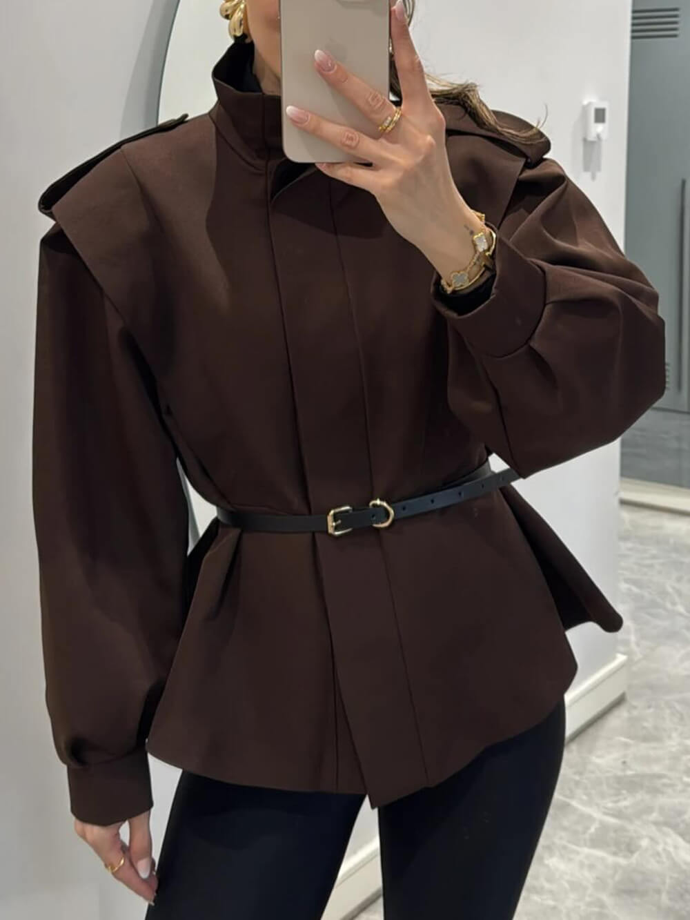 Modern Bold Stand Collar Button-Up Lantern Sleeve Loose Jacket Brown