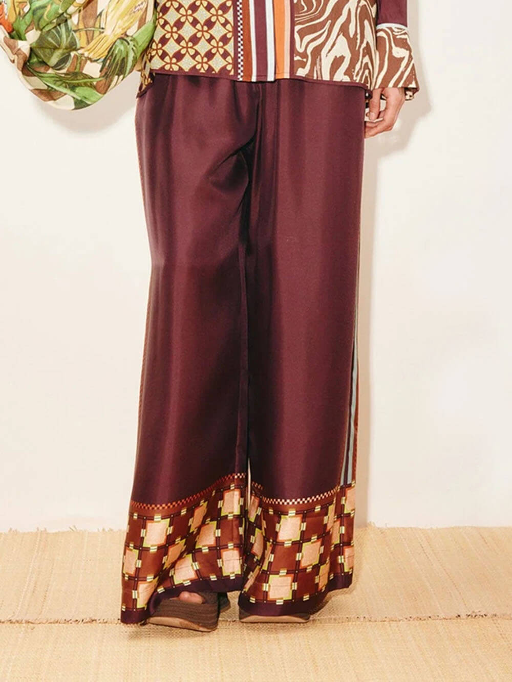 Unique Paisley Color-Block Satin Elastic Waist Wide-Leg Pants Multicolor