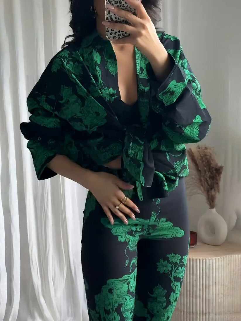 Exquisite Abstract Print Long Shirt Black & Green