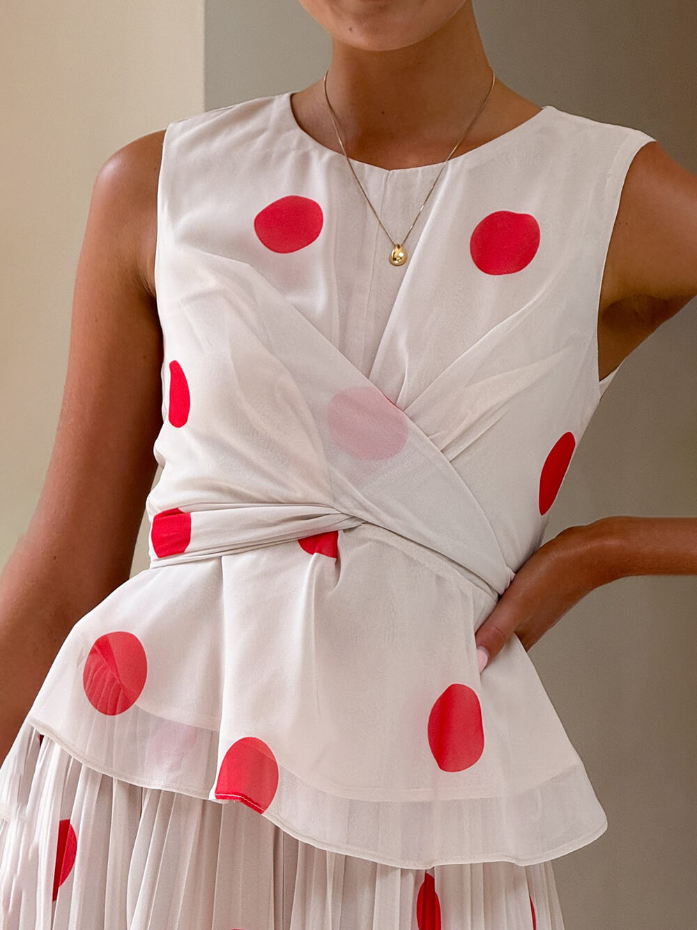 Delicate Red Polka Dot Print Ruffled Cross-Over Top Beige
