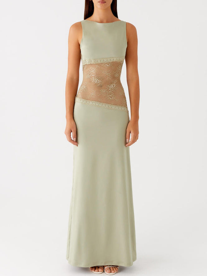 Elegant Sleeveless Boat Neck Black Lace Maxi Dress Green