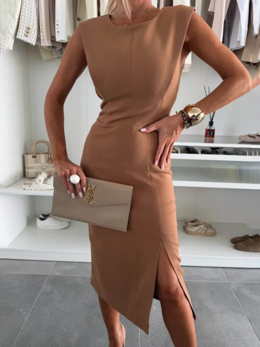 Elegant Charming Lady Round Neck Sleeveless Waisted Slit Stretch Midi Dress Brown