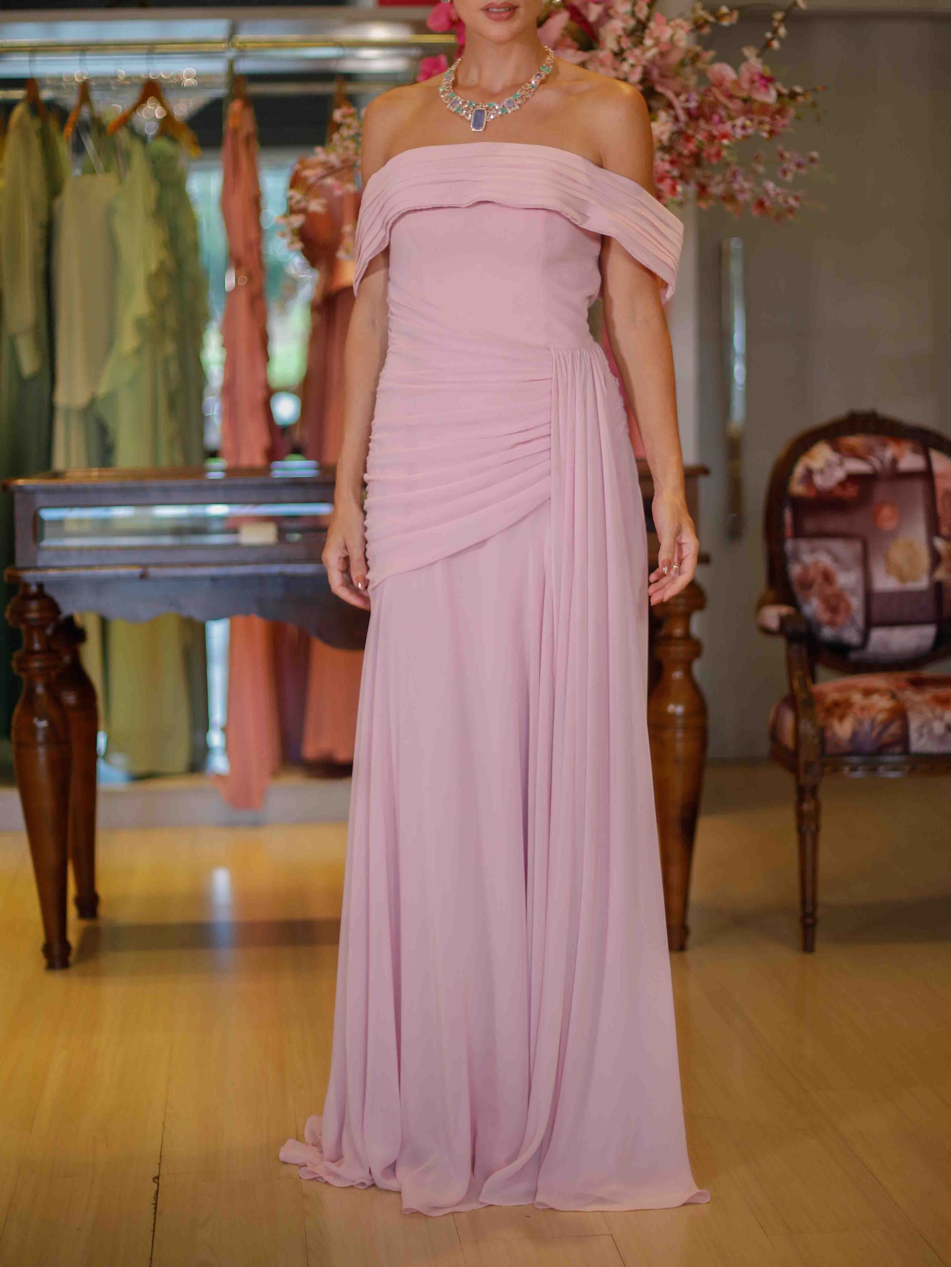 Elegant Off Shoulder Ruched Chiffon Maxi Dress Pink