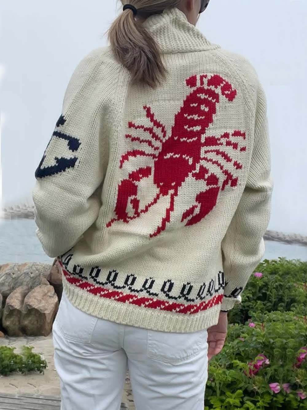 Unique Fashion Lobster Print Casual Long Sleeve Knit Cardigan Beige