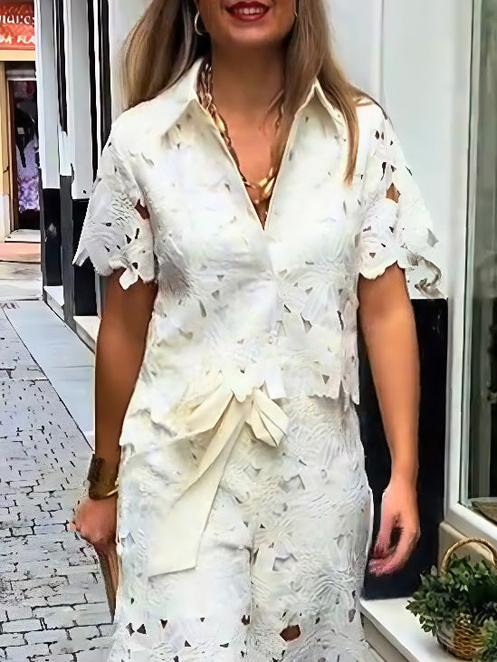 Casual Cutout Lace Wide-Leg Pants White Top