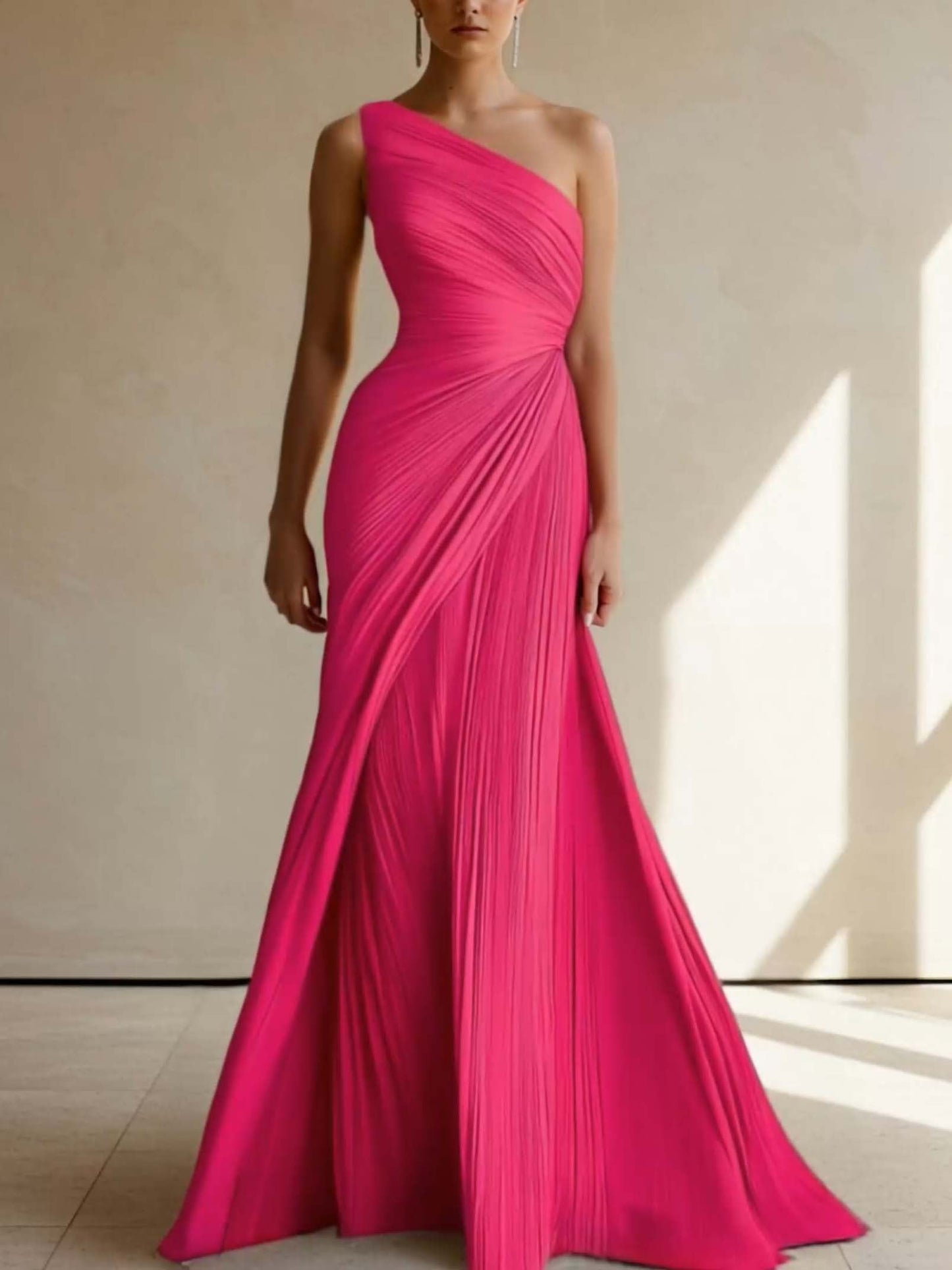 Elegant One-Shoulder Pleated Maxi Dress Pink