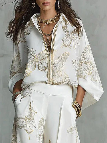 Elegant Butterfly Print Zip-Up Top & Wide Leg Pants Set