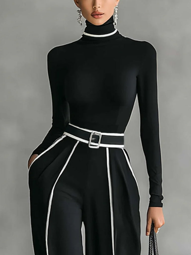 Elegant High Neck Slim Fit Long Sleeve Top Black