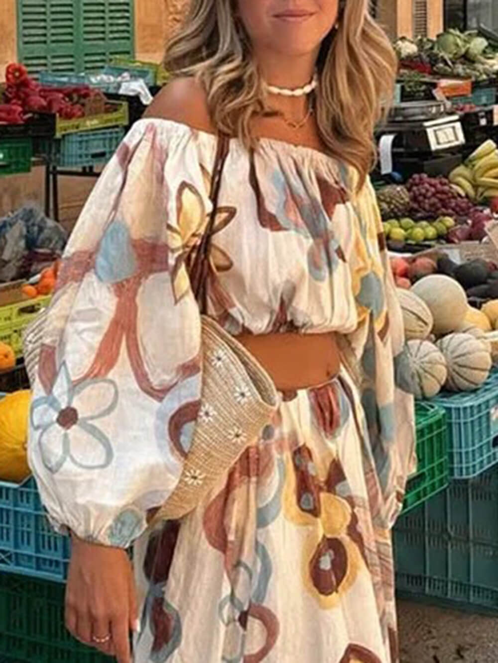 Fashionable Printed Off-Shoulder Lantern Sleeve Ruched Crop Top Multicolor